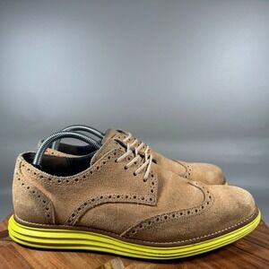 Cole Haan Lunargrand Wingtip Mens 9M Tan Suede Neon Yellow C11248 Brogue Shoes